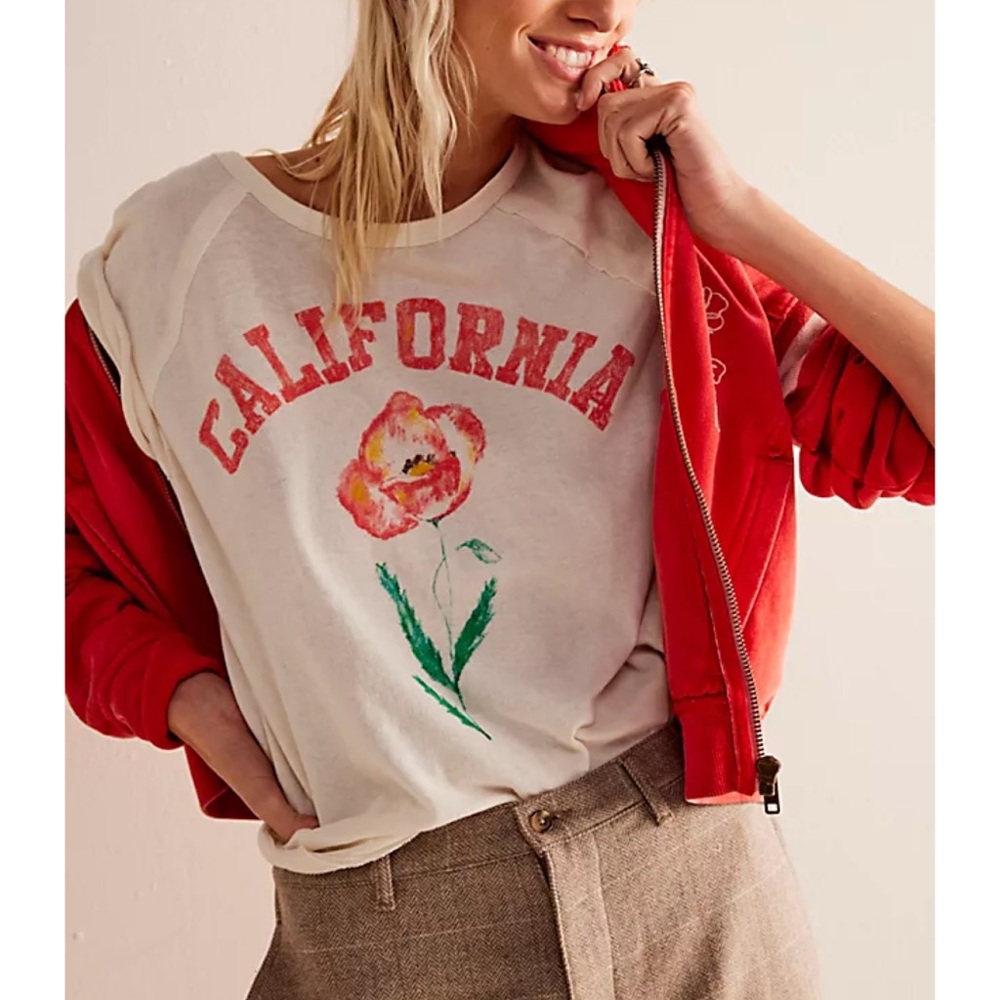 Free People White 'California' Floral Short Sleeve Tee with Pink Flower
